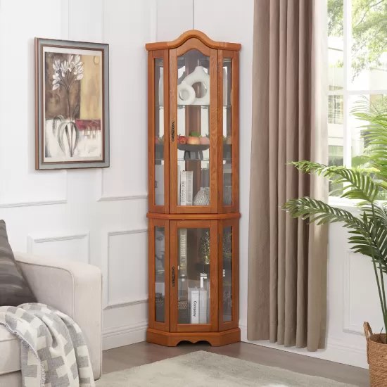 Curio Cabinet Lighted Glass Display Curio Cabinet w/Tempered Glass Doors and Shelves, Crown Corner Cabinet with Bulb, Corner Storage Decoration for Living room and Bedroom OAK Curio Cabinet Lighted Glass Display Curio Cabinet w/Tempered Glass Doors and Shelves, Crown Corner Cabinet with Bulb, Corner Storage Decoration for Living room and Bedroom OAK