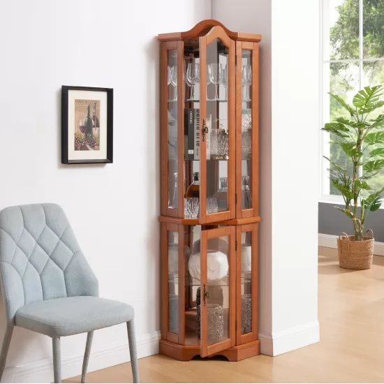 Curio Cabinet Lighted Glass Display Curio Cabinet w/Tempered Glass Doors and Shelves, Crown Corner Cabinet with Bulb, Corner Storage Decoration for Living room and Bedroom OAK Curio Cabinet Lighted Glass Display Curio Cabinet w/Tempered Glass Doors and Shelves, Crown Corner Cabinet with Bulb, Corner Storage Decoration for Living room and Bedroom OAK