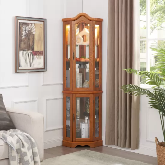 Curio Cabinet Lighted Glass Display Curio Cabinet w/Tempered Glass Doors and Shelves, Crown Corner Cabinet with Bulb, Corner Storage Decoration for Living room and Bedroom OAK Curio Cabinet Lighted Glass Display Curio Cabinet w/Tempered Glass Doors and Shelves, Crown Corner Cabinet with Bulb, Corner Storage Decoration for Living room and Bedroom OAK