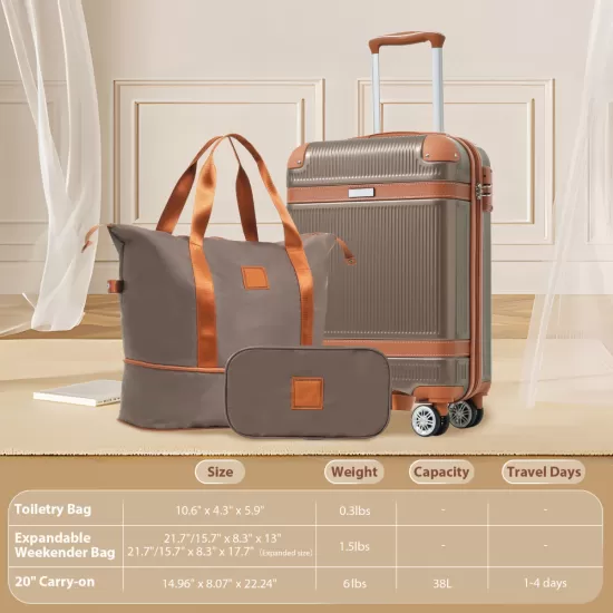 Hardshell Luggage Sets 3 Piece Carry-on Suitcase Double Spinner Wheels with TSA Lock for Men Women, Coppery (20in) Hardshell Luggage Sets 3 Piece Carry-on Suitcase Double Spinner Wheels with TSA Lock for Men Women, Coppery (20in)