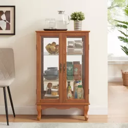 2 Doors Curio Cabinet with Tempered Glass Doors, Curio Cabinets with Mirrored Back Panel and Adjustable Shelves, Lighted Display Cabinet for Home, Office Light Bulb Included Oak 2 Doors Curio Cabinet with Tempered Glass Doors, Curio Cabinets with Mirrored Back Panel and Adjustable Shelves, Lighted Display Cabinet for Home, Office Light Bulb Included Oak