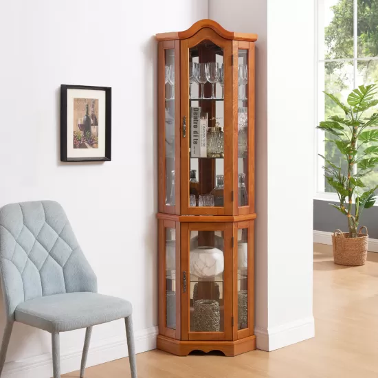 Curio Cabinet Lighted Glass Display Curio Cabinet w/Tempered Glass Doors and Shelves, Crown Corner Cabinet with Bulb, Corner Storage Decoration for Living room and Bedroom OAK Curio Cabinet Lighted Glass Display Curio Cabinet w/Tempered Glass Doors and Shelves, Crown Corner Cabinet with Bulb, Corner Storage Decoration for Living room and Bedroom OAK