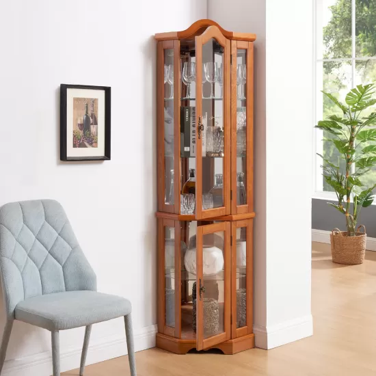 Curio Cabinet Lighted Glass Display Curio Cabinet w/Tempered Glass Doors and Shelves, Crown Corner Cabinet with Bulb, Corner Storage Decoration for Living room and Bedroom OAK Curio Cabinet Lighted Glass Display Curio Cabinet w/Tempered Glass Doors and Shelves, Crown Corner Cabinet with Bulb, Corner Storage Decoration for Living room and Bedroom OAK