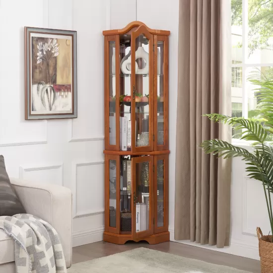 Curio Cabinet Lighted Glass Display Curio Cabinet w/Tempered Glass Doors and Shelves, Crown Corner Cabinet with Bulb, Corner Storage Decoration for Living room and Bedroom OAK Curio Cabinet Lighted Glass Display Curio Cabinet w/Tempered Glass Doors and Shelves, Crown Corner Cabinet with Bulb, Corner Storage Decoration for Living room and Bedroom OAK