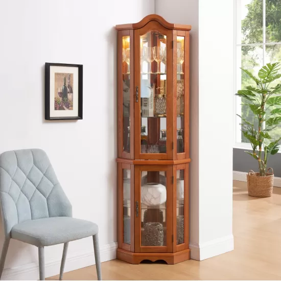 Curio Cabinet Lighted Glass Display Curio Cabinet w/Tempered Glass Doors and Shelves, Crown Corner Cabinet with Bulb, Corner Storage Decoration for Living room and Bedroom OAK Curio Cabinet Lighted Glass Display Curio Cabinet w/Tempered Glass Doors and Shelves, Crown Corner Cabinet with Bulb, Corner Storage Decoration for Living room and Bedroom OAK