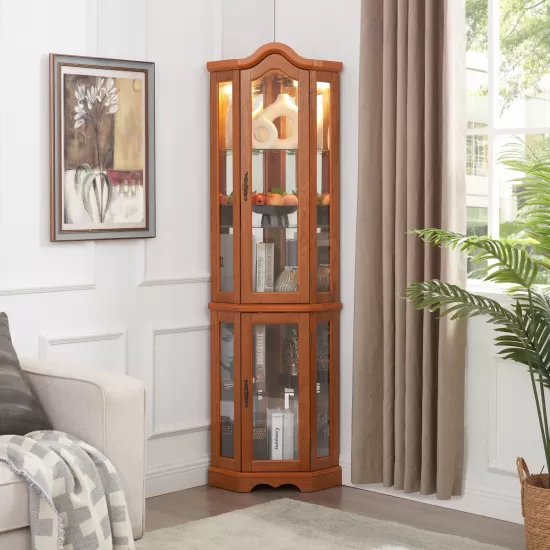 Curio Cabinet Lighted Glass Display Curio Cabinet w/Tempered Glass Doors and Shelves, Crown Corner Cabinet with Bulb, Corner Storage Decoration for Living room and Bedroom OAK Curio Cabinet Lighted Glass Display Curio Cabinet w/Tempered Glass Doors and Shelves, Crown Corner Cabinet with Bulb, Corner Storage Decoration for Living room and Bedroom OAK