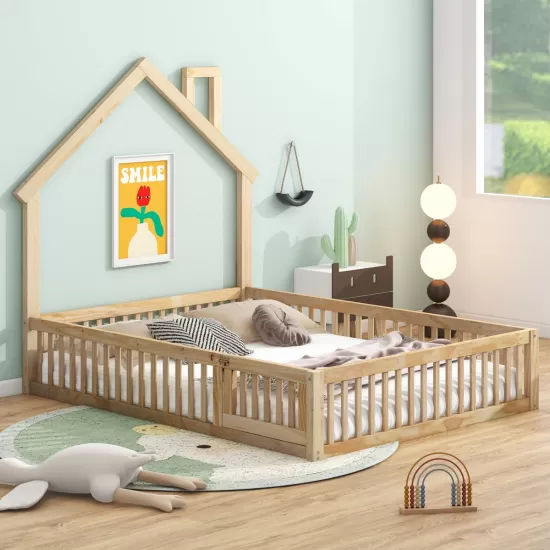 Wood Full Size House Platform Bed with Guardrail, Natural Wood Full Size House Platform Bed with Guardrail, Natural