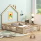 Wood Full Size House Platform Bed with Guardrail, Natural Wood Full Size House Platform Bed with Guardrail, Natural