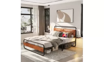   

Queen Size Metal Bed Frame with Upholstered Headboard: Wireless Charging, LED Lights, and Under-Bed Storage