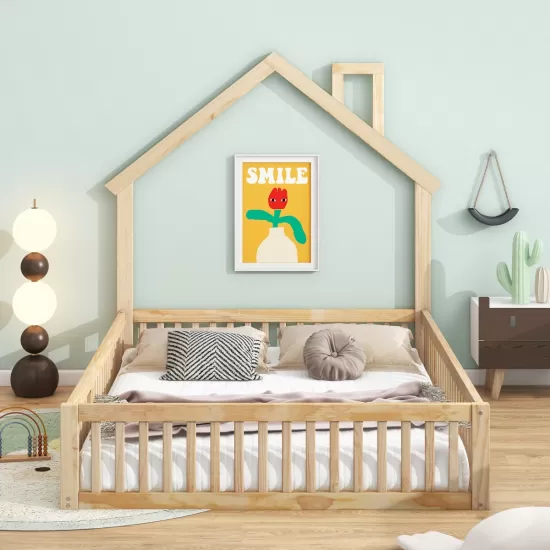 Wood Full Size House Platform Bed with Guardrail, Natural Wood Full Size House Platform Bed with Guardrail, Natural