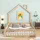 Wood Full Size House Platform Bed with Guardrail, Natural Wood Full Size House Platform Bed with Guardrail, Natural