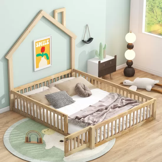 Wood Full Size House Platform Bed with Guardrail, Natural Wood Full Size House Platform Bed with Guardrail, Natural