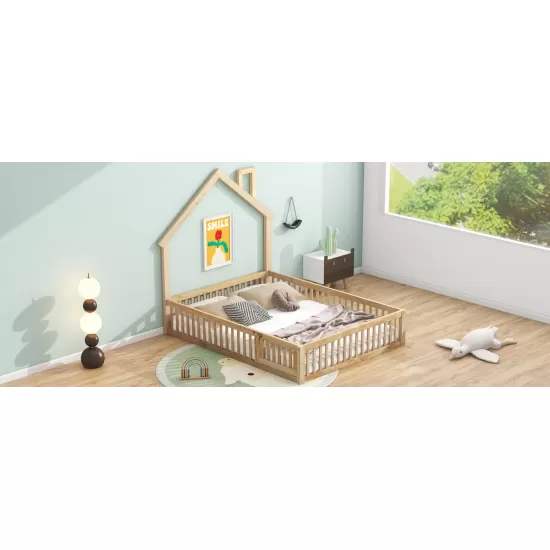 Wood Full Size House Platform Bed with Guardrail, Natural Wood Full Size House Platform Bed with Guardrail, Natural
