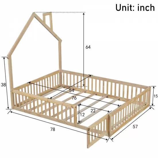 Wood Full Size House Platform Bed with Guardrail, Natural Wood Full Size House Platform Bed with Guardrail, Natural