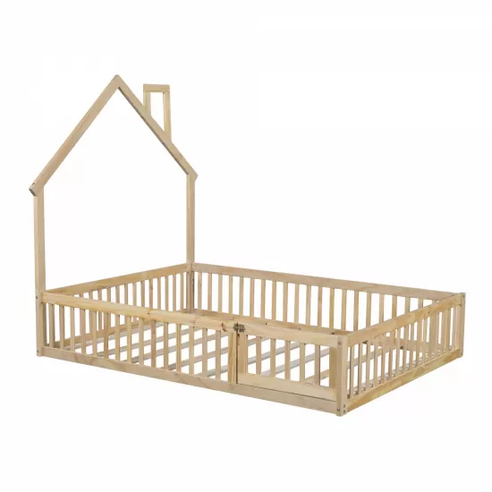 Wood Full Size House Platform Bed with Guardrail, Natural Wood Full Size House Platform Bed with Guardrail, Natural