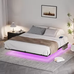 Floating Bed Frame King Size with LED Lights & charging station, Metal Platform Queen Bed, 79.9'' L x 76.2'' W x 7.9'' H. Floating Bed Frame King Size with LED Lights & charging station, Metal Platform Queen Bed, 79.9'' L x 76.2'' W x 7.9'' H.