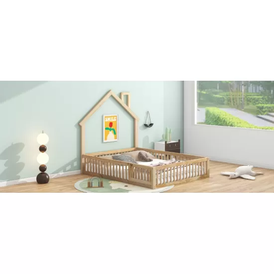 Wood Full Size House Platform Bed with Guardrail, Natural Wood Full Size House Platform Bed with Guardrail, Natural