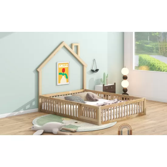 Wood Full Size House Platform Bed with Guardrail, Natural Wood Full Size House Platform Bed with Guardrail, Natural
