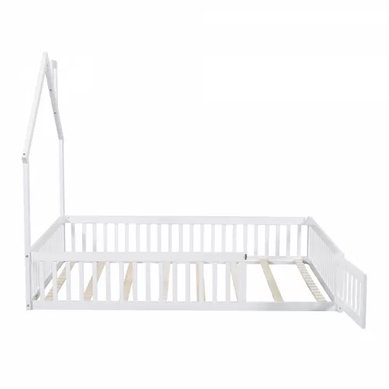 Wood Full Size House Platform Bed with Guardrail, White Wood Full Size House Platform Bed with Guardrail, White