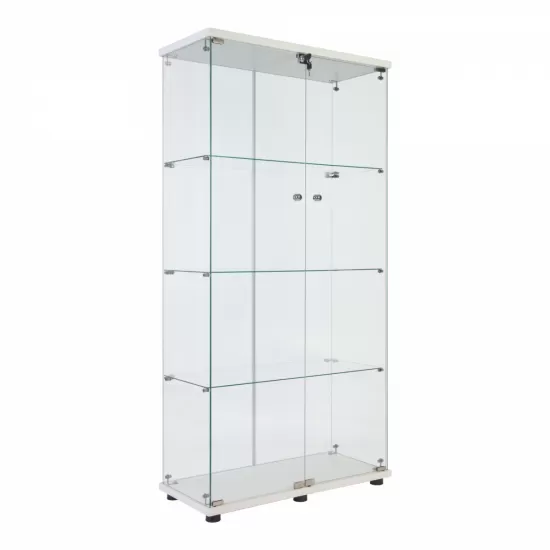 Lighted Two Door Glass Cabinet Glass Display Cabinet with 4 Shelves, White Lighted Two Door Glass Cabinet Glass Display Cabinet with 4 Shelves, White