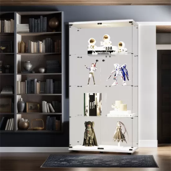 Lighted Two Door Glass Cabinet Glass Display Cabinet with 4 Shelves, White Lighted Two Door Glass Cabinet Glass Display Cabinet with 4 Shelves, White