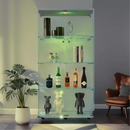 Lighted Two Door Glass Cabinet Glass Display Cabinet with 4 Shelves, White Lighted Two Door Glass Cabinet Glass Display Cabinet with 4 Shelves, White