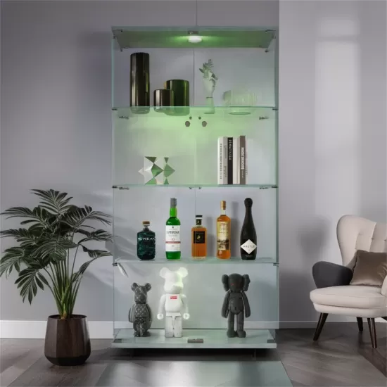 Lighted Two Door Glass Cabinet Glass Display Cabinet with 4 Shelves, White Lighted Two Door Glass Cabinet Glass Display Cabinet with 4 Shelves, White