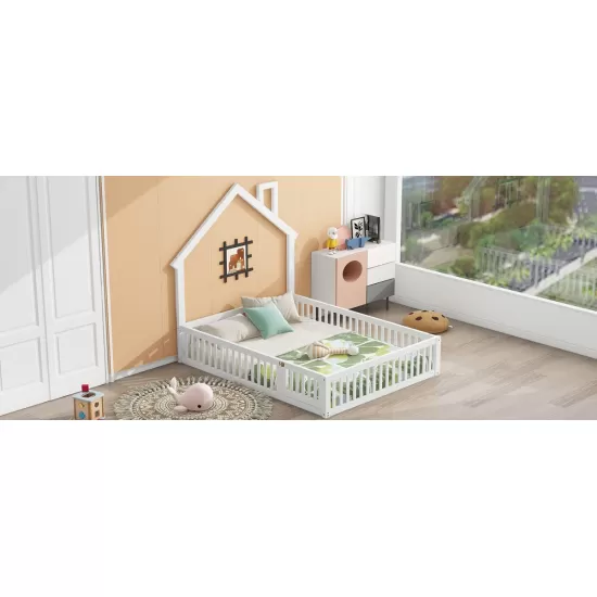 Wood Full Size House Platform Bed with Guardrail, White Wood Full Size House Platform Bed with Guardrail, White