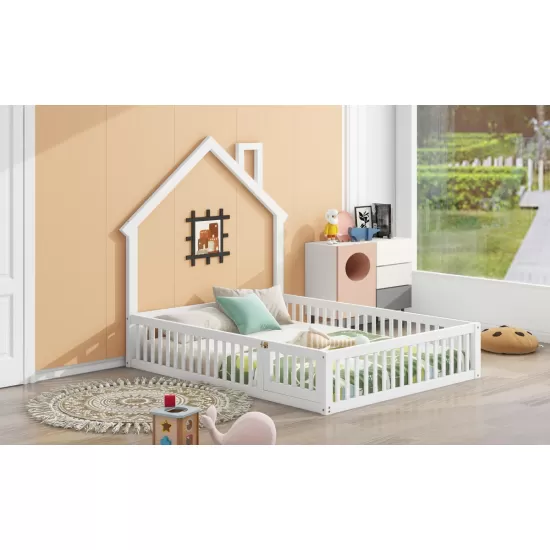 Wood Full Size House Platform Bed with Guardrail, White Wood Full Size House Platform Bed with Guardrail, White