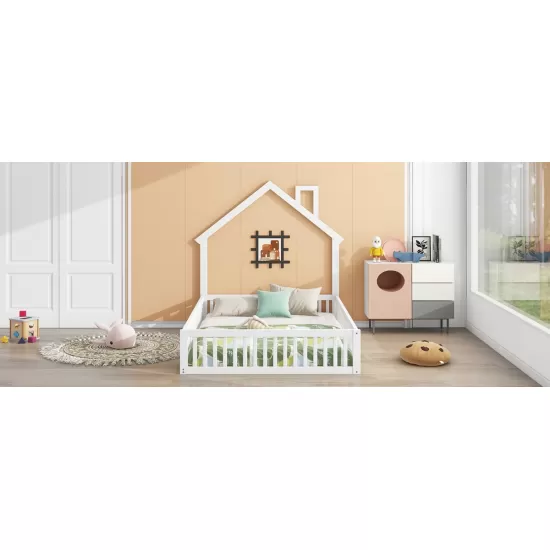 Wood Full Size House Platform Bed with Guardrail, White Wood Full Size House Platform Bed with Guardrail, White