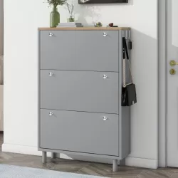 ON-TREND Narrow Design Shoe Cabinet with 3 Flip Drawers, Wood Grain Pattern Top Entryway Organizer with 3 Hooks, Free Standing Shoe Rack with Adjustable Panel for Hallway, Grey