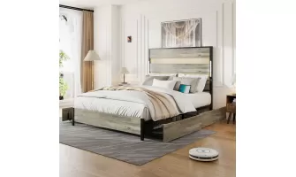 Industrial Gray Queen Bed Frame with Storage, Charging & LED Lights - $243.05