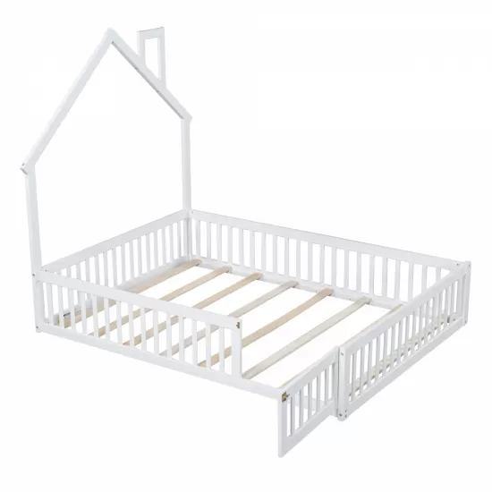 Wood Full Size House Platform Bed with Guardrail, White Wood Full Size House Platform Bed with Guardrail, White