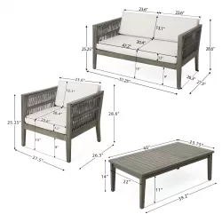 4-Pieces Acacia Wood Patio Furniture Set, Outdoor Furniture with Coffee Table, Patio Conversation Set Deep Seating with Soft Cushion, Porch Chairs for Garden, Backyard Porch Balcony, Grey & Beige 4-Pieces Acacia Wood Patio Furniture Set, Outdoor Furniture with Coffee Table, Patio Conversation Set Deep Seating with Soft Cushion, Porch Chairs for Garden, Backyard Porch Balcony, Grey & Beige