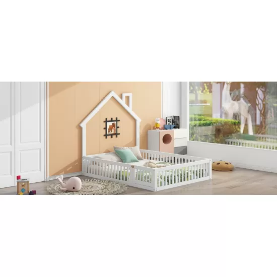 Wood Full Size House Platform Bed with Guardrail, White Wood Full Size House Platform Bed with Guardrail, White