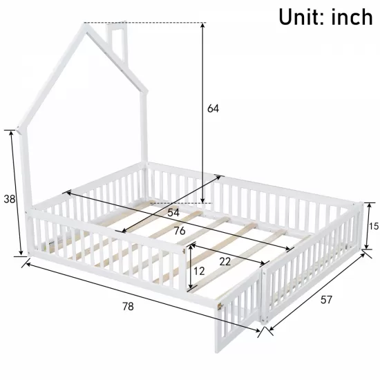 Wood Full Size House Platform Bed with Guardrail, White Wood Full Size House Platform Bed with Guardrail, White