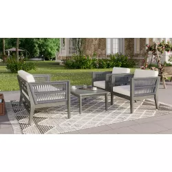 4-Pieces Acacia Wood Patio Furniture Set, Outdoor Furniture with Coffee Table, Patio Conversation Set Deep Seating with Soft Cushion, Porch Chairs for Garden, Backyard Porch Balcony, Grey & Beige 4-Pieces Acacia Wood Patio Furniture Set, Outdoor Furniture with Coffee Table, Patio Conversation Set Deep Seating with Soft Cushion, Porch Chairs for Garden, Backyard Porch Balcony, Grey & Beige