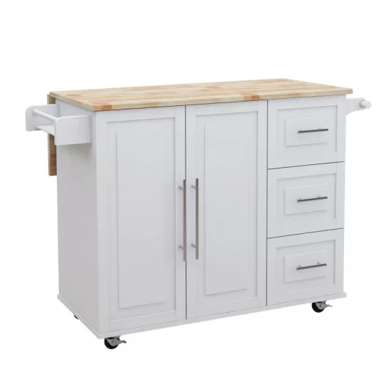 Kitchen Island with Spice Rack, Towel Rack and Extensible Solid Wood Table Top-White Kitchen Island with Spice Rack, Towel Rack and Extensible Solid Wood Table Top-White