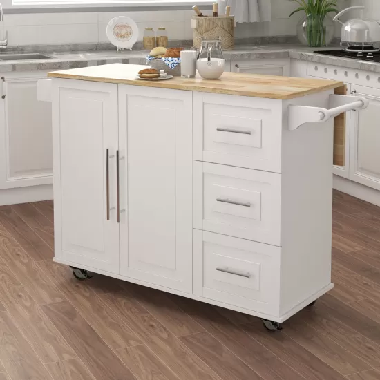 Kitchen Island with Spice Rack, Towel Rack and Extensible Solid Wood Table Top-White Kitchen Island with Spice Rack, Towel Rack and Extensible Solid Wood Table Top-White