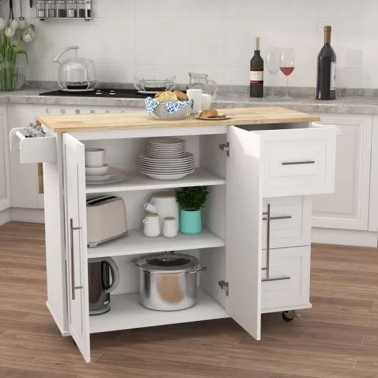 Kitchen Island with Spice Rack, Towel Rack and Extensible Solid Wood Table Top-White Kitchen Island with Spice Rack, Towel Rack and Extensible Solid Wood Table Top-White
