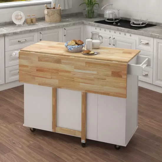 Kitchen Island with Spice Rack, Towel Rack and Extensible Solid Wood Table Top-White Kitchen Island with Spice Rack, Towel Rack and Extensible Solid Wood Table Top-White