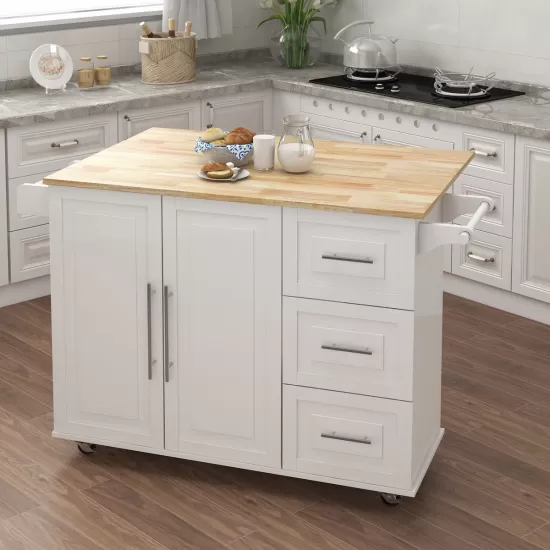 Kitchen Island with Spice Rack, Towel Rack and Extensible Solid Wood Table Top-White Kitchen Island with Spice Rack, Towel Rack and Extensible Solid Wood Table Top-White