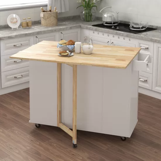 Kitchen Island with Spice Rack, Towel Rack and Extensible Solid Wood Table Top-White Kitchen Island with Spice Rack, Towel Rack and Extensible Solid Wood Table Top-White