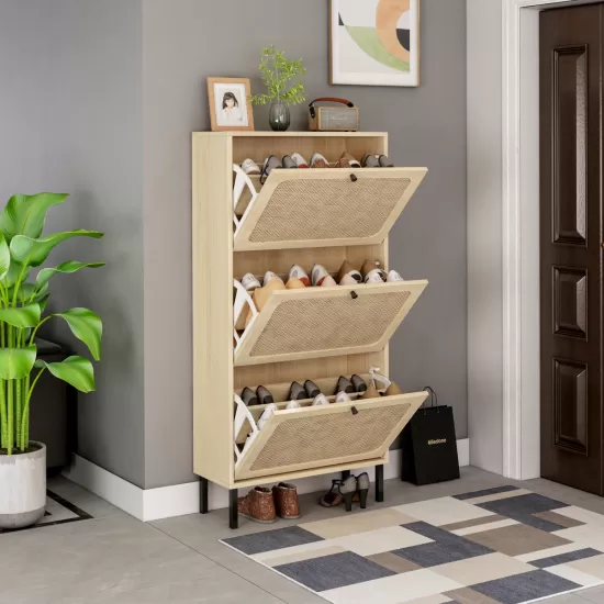 Natural Rattan 3 Door Shoe Rack, Freestanding Modern Shoe Storage Cabinet, for Entryway Natural Rattan 3 Door Shoe Rack, Freestanding Modern Shoe Storage Cabinet, for Entryway