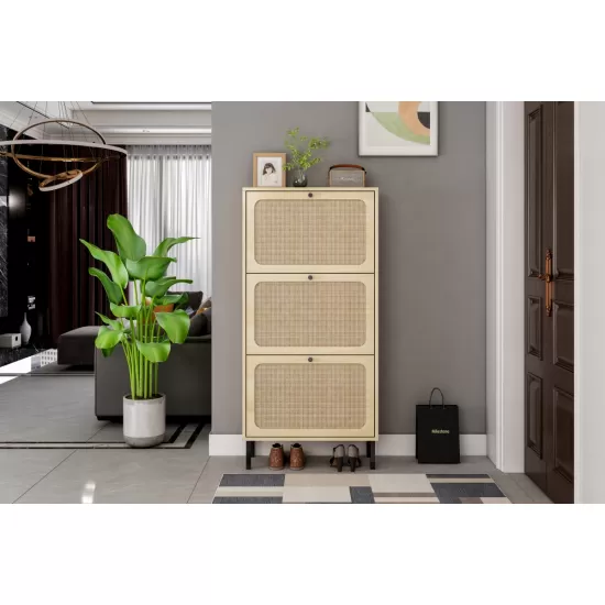Natural Rattan 3 Door Shoe Rack, Freestanding Modern Shoe Storage Cabinet, for Entryway Natural Rattan 3 Door Shoe Rack, Freestanding Modern Shoe Storage Cabinet, for Entryway