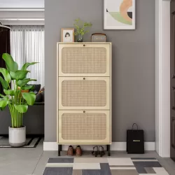 Natural  Rattan 3 Door Shoe Rack, Freestanding Modern Shoe Storage Cabinet, for Entryway Natural  Rattan 3 Door Shoe Rack, Freestanding Modern Shoe Storage Cabinet, for Entryway