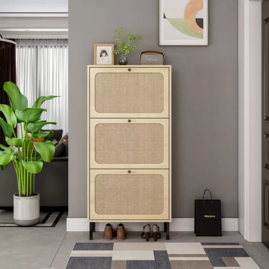 Natural Rattan 3 Door Shoe Rack, Freestanding Modern Shoe Storage Cabinet, for Entryway Natural Rattan 3 Door Shoe Rack, Freestanding Modern Shoe Storage Cabinet, for Entryway