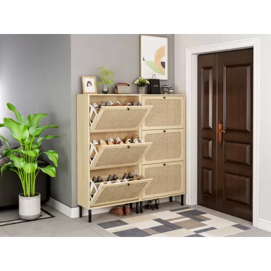 Natural Rattan 3 Door Shoe Rack, Freestanding Modern Shoe Storage Cabinet, for Entryway Natural Rattan 3 Door Shoe Rack, Freestanding Modern Shoe Storage Cabinet, for Entryway