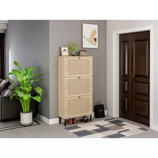 Natural Rattan 3 Door Shoe Rack, Freestanding Modern Shoe Storage Cabinet, for Entryway Natural Rattan 3 Door Shoe Rack, Freestanding Modern Shoe Storage Cabinet, for Entryway