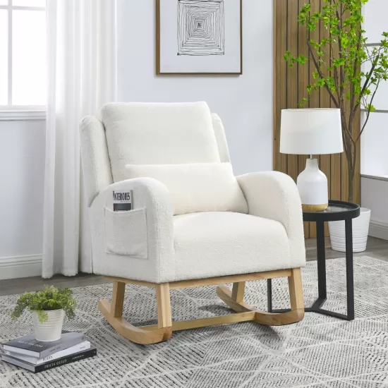 [Video] Welike 27.5  InchW Modern Accent High Back Living Room Casual Armchair Rocker with One Lumbar Pillow, Two Side Pockets,Teddy White (Ivory)